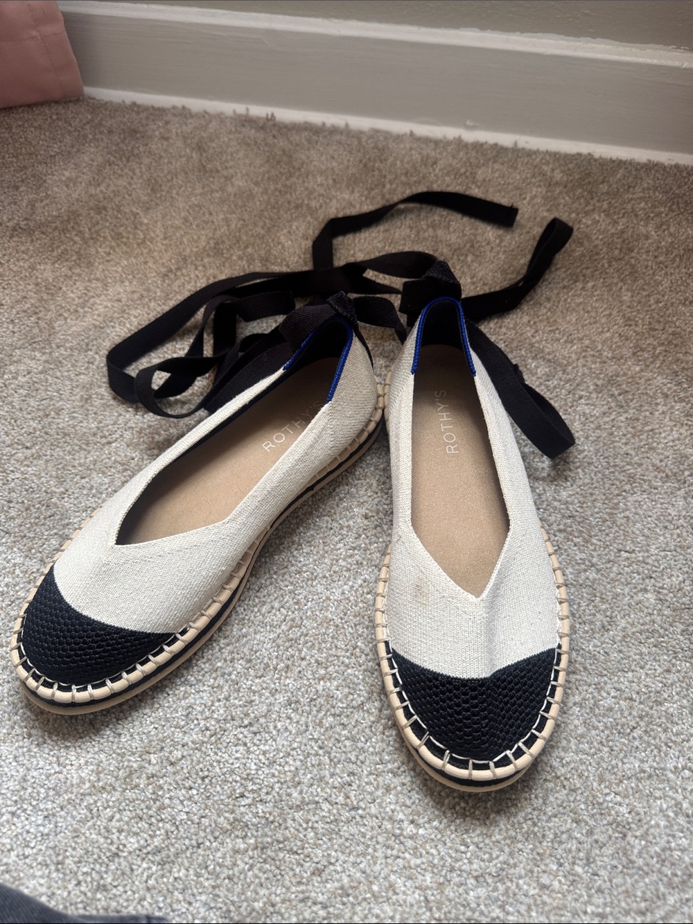 Rothy's Black and Cream Espadrille Flats with Ribbon Ankle Ties